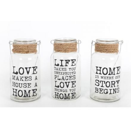 A mix of 3 love, life and home glass jars with handle and chunky jute rope wrap.