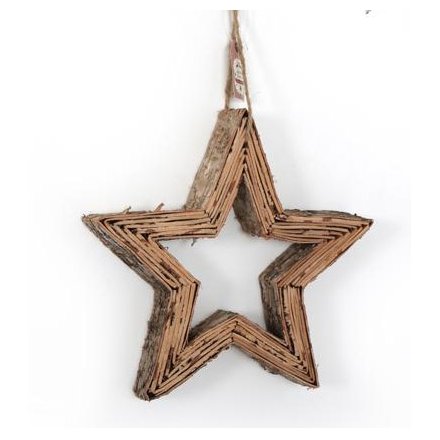 A rustic 3D hanging star decoration made from layered bark.