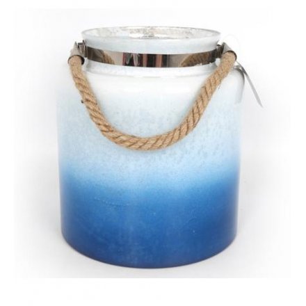 A stunning glass lantern with a two-tone effect and chunky rope handle