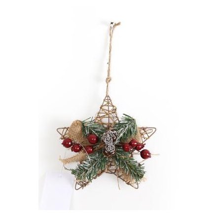 A natural woven 3D festive star with rustic berries and pinecones.