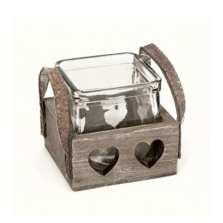 Chic candle pot in a rustic wooden case with heart cut out
