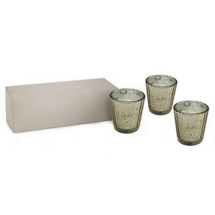 A set of 3 antique style glass votives with a lovely scented candle.