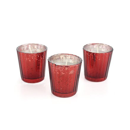 A set of 3 antique red glass votive candles with matching gift box.