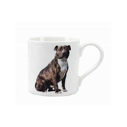 A fine quality china mug with a brindle staffie design and gift box.