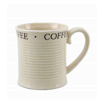 A charming ceramic coffee mug with classic black script.