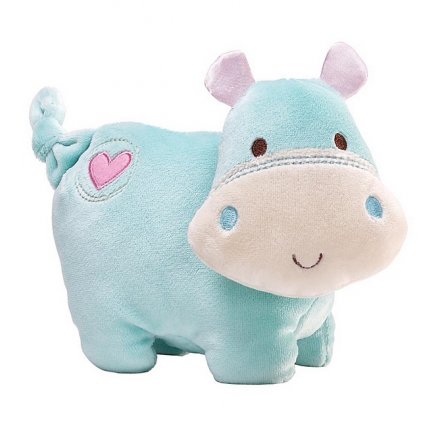An adorable and super soft safari hippo with textured ears and a jingle sound when moved.