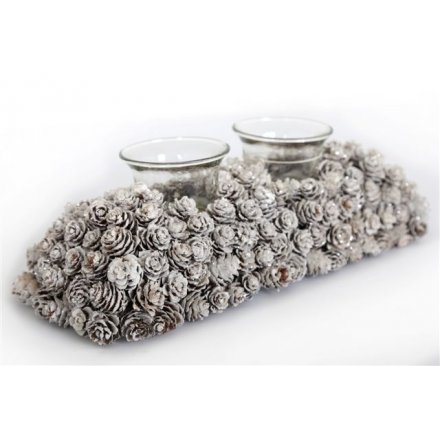 Double White Glitter Pinecone Candle Holder