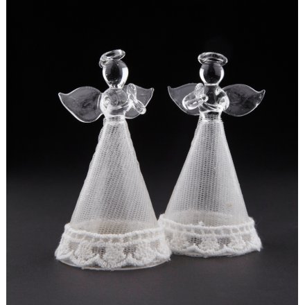 A set of 2 stunning glass angel decorations with pretty lace detailing.