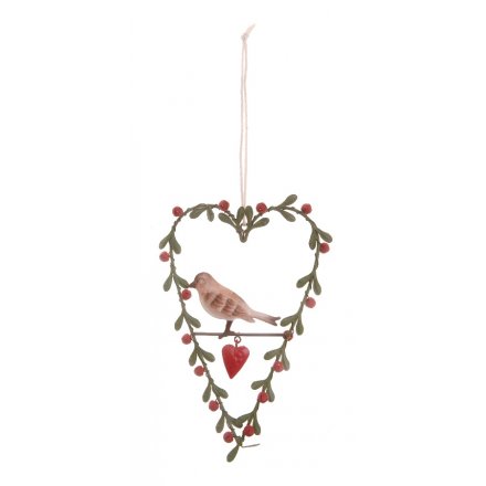 Sweet hanging heart decoration with festive bird detail