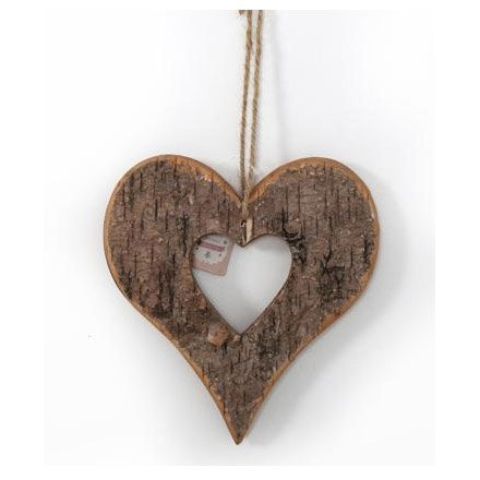A chic rustic hanging heart with a bark finish and jute string.
