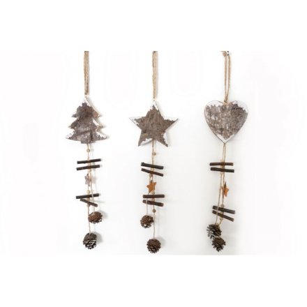 Three assorted hanging decorations with a chic woodland design