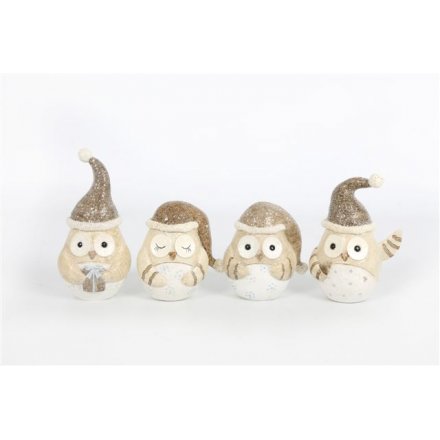 Chic cream and gold owl ornaments in an assortment of 4