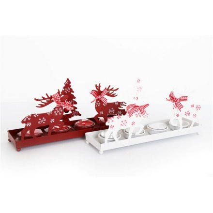 Reindeer cut out red and white T light holders with gingham ribbon