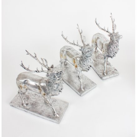 A mix of 3 silver standing stags finished, a festive collection for the home