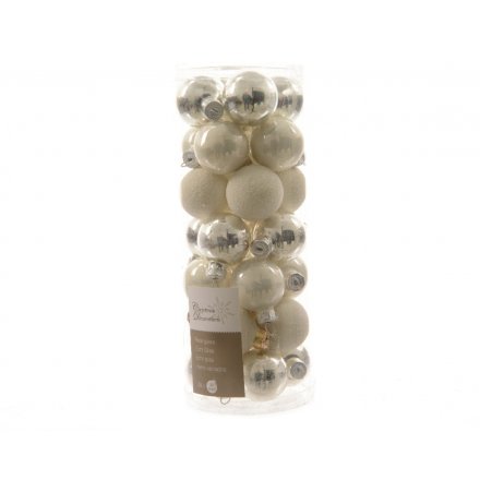 28 Pack of small baubles in 3 different designs; white glitter, pearl and silver