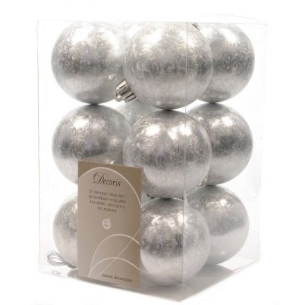 Silver Ice Baubles Shatterproof 12 Pack