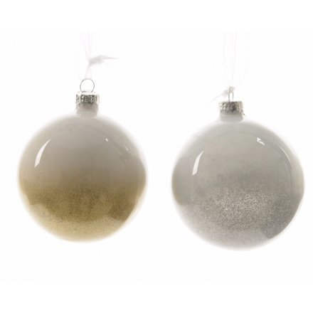 Stylish two-tone glass baubles in grey and almond colours with organza ribbon to hang.