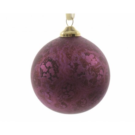 A pack of 3 violet coloured glass baubles with a marble finish and velvet ribbon hanger.