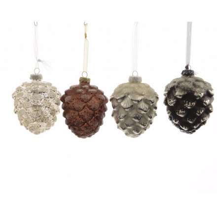 4 assorted glass pinecones in rustic brown, silver, truffle and white colours with organza ribbon to hang.