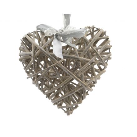 Grey Willow Heart Hanger w Ribbon 20cm