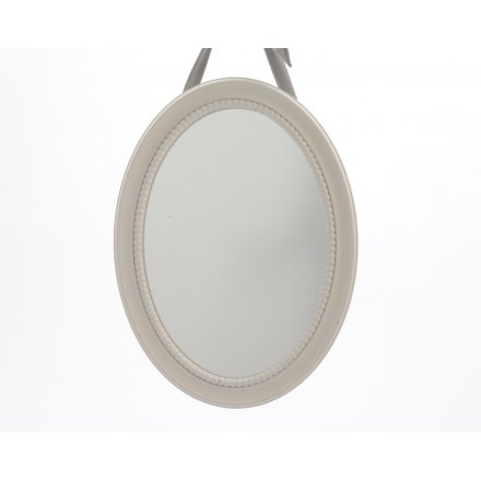 White Wooden Mirror w Linen Hanger 39.5cm