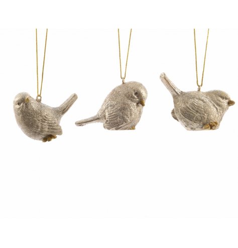 An assortment of 3 Christmas birds in a luxurious champagne gold colour with plenty of glitter.