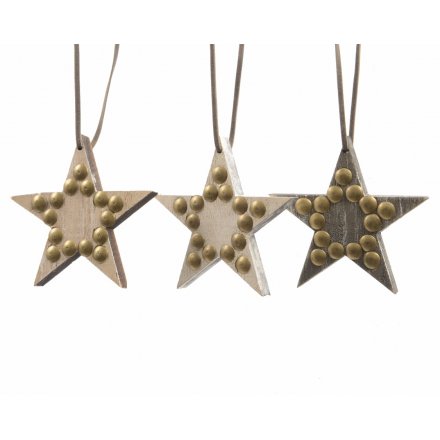 Wooden Studded Star Decorations, 3a 8cm