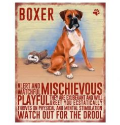 Hanging metal sign with colourful Boxer image and script