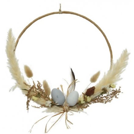 Artificial Dried Grass & Flowers Wreath with Feathers and Eggs, 27cm