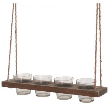 Shabby Rustic Hanging Wooden Tray Candle Holders 40cm