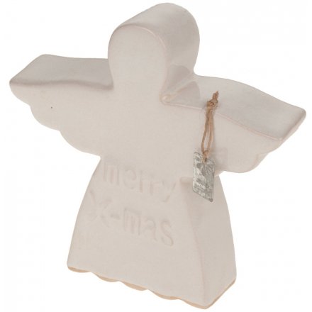 Glazed White Ceramic Angel Merry Xmas 21cm