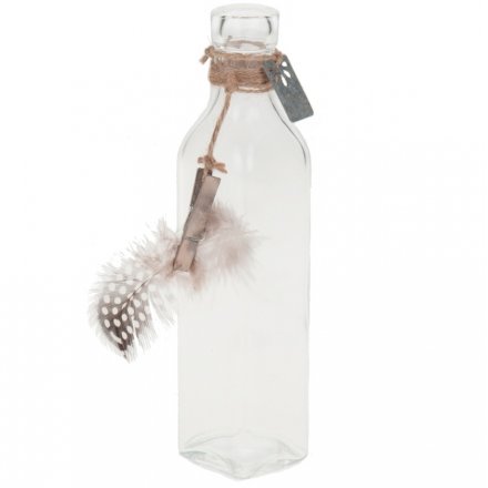 Glass storage bottle with rope and feather decoration 