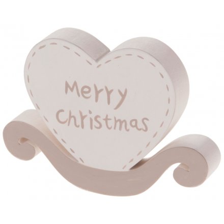 Merry Christmas White Wooden Heart Standing Decoration, 14cm