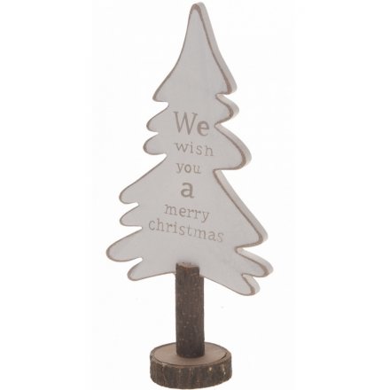 Merry Christmas White Wooden Christmas Tree Decoration, 25cm