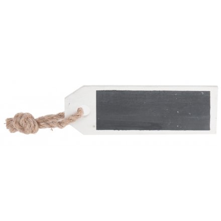 A white wooden blackboard tag with rope hanger