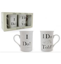 Set of 2 mugs in a matching gift box with humorous 'I Do' text
