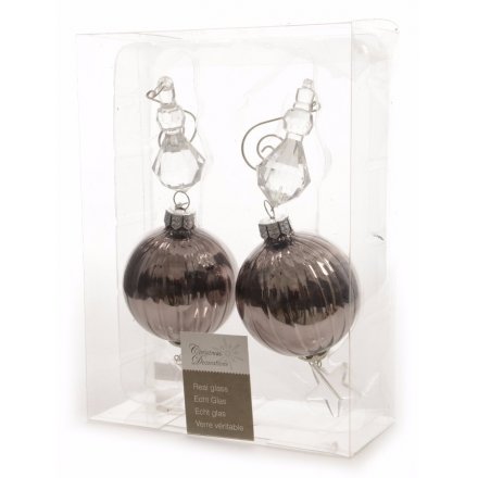 Pack of 2 Slate Grey Glass Baubles With Acrylic Beading
