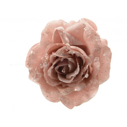 A pretty vintage pink artificial rose on clip with glitter and sequin embellishments.