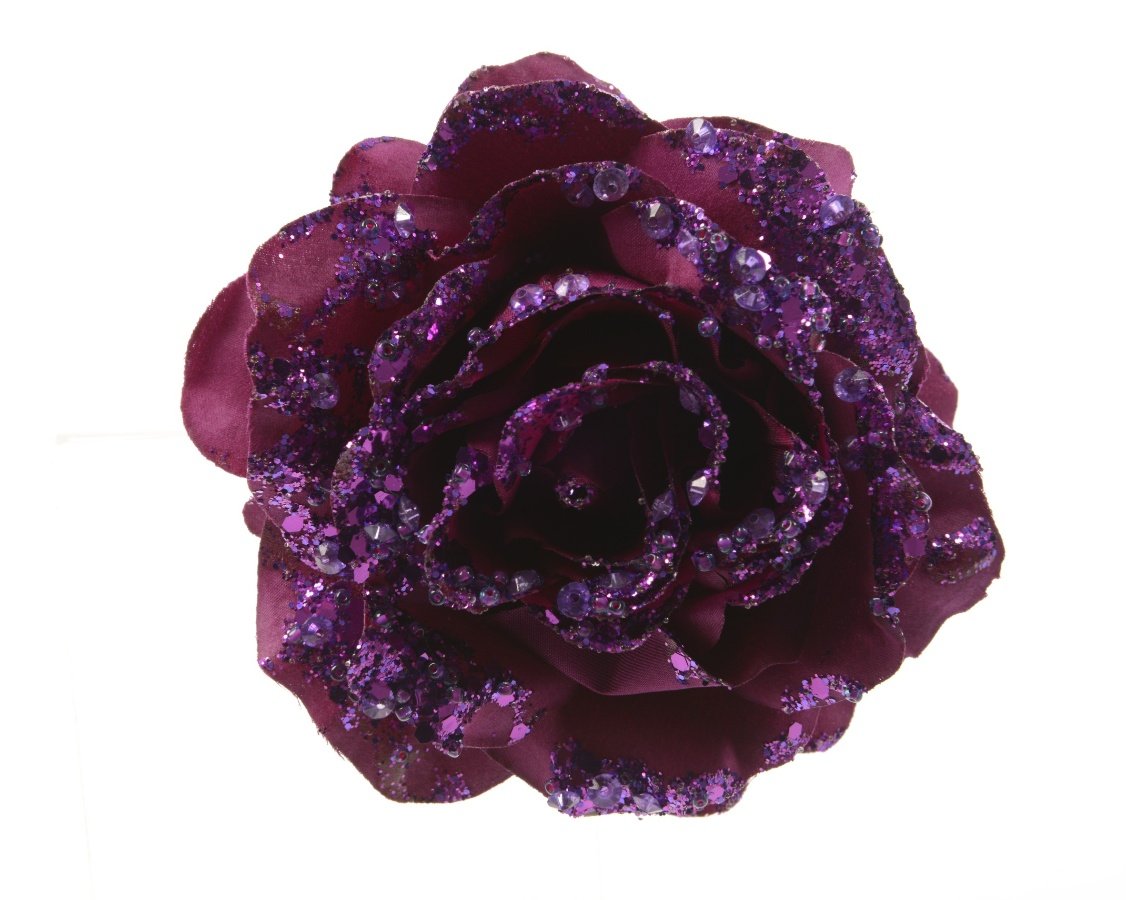 Purple Rose On Clip With Glitter 14cm | 24235 | Christmas / Artificial