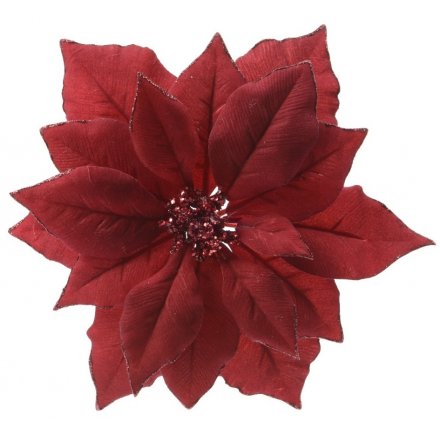 Xmas Red Fabric Poinsettia On Clip 22cm