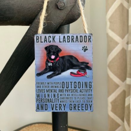 Mini metal dangler sign with Black Labrador image and description