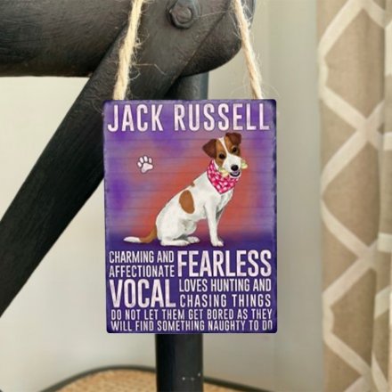 Mini metal dangler sign with Jack Russell image and description