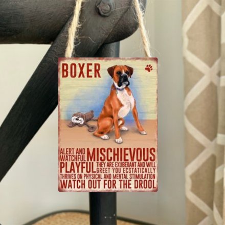Mini metal dangler sign with Boxer image and description
