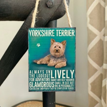 Mini metal dangler sign with Yorkshire Terrier image and description