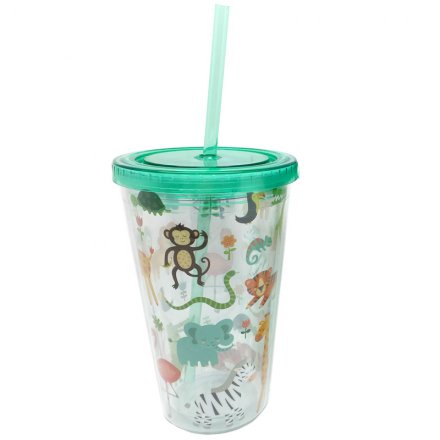 Zoo Animals Plastic Double Walled Cup With Straw And Lid