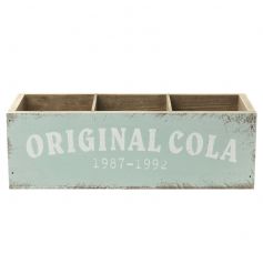Rustic style storage box with pastel finish and Cola text
