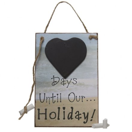A coastal themed wooden holiday countdown sign with a heart chalkboard and hanging chalk