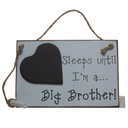 A shabby chic wooden sign with a days until brother heart chalkboard countdown
