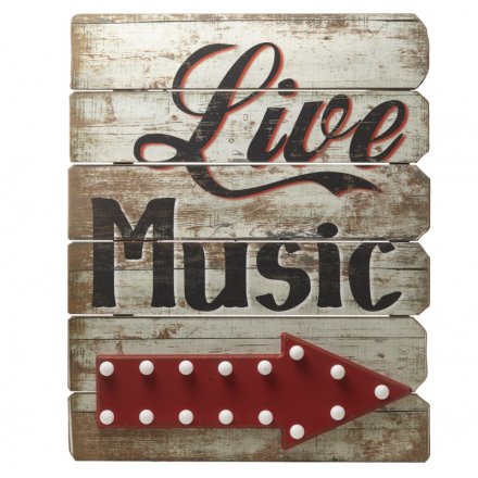 A large retro style Live Music wooden sign with LED lights. A great statement piece.