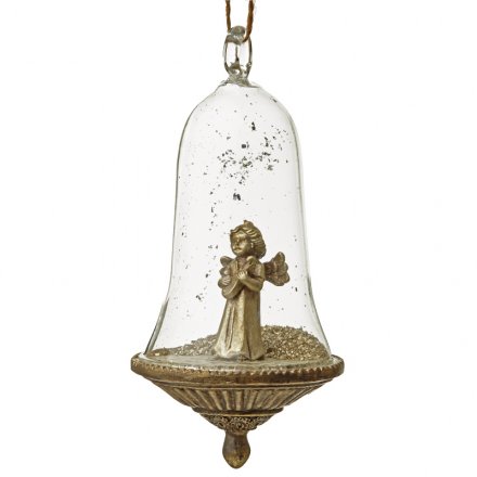 Gold Angel In Glass Bell Hanging Dec